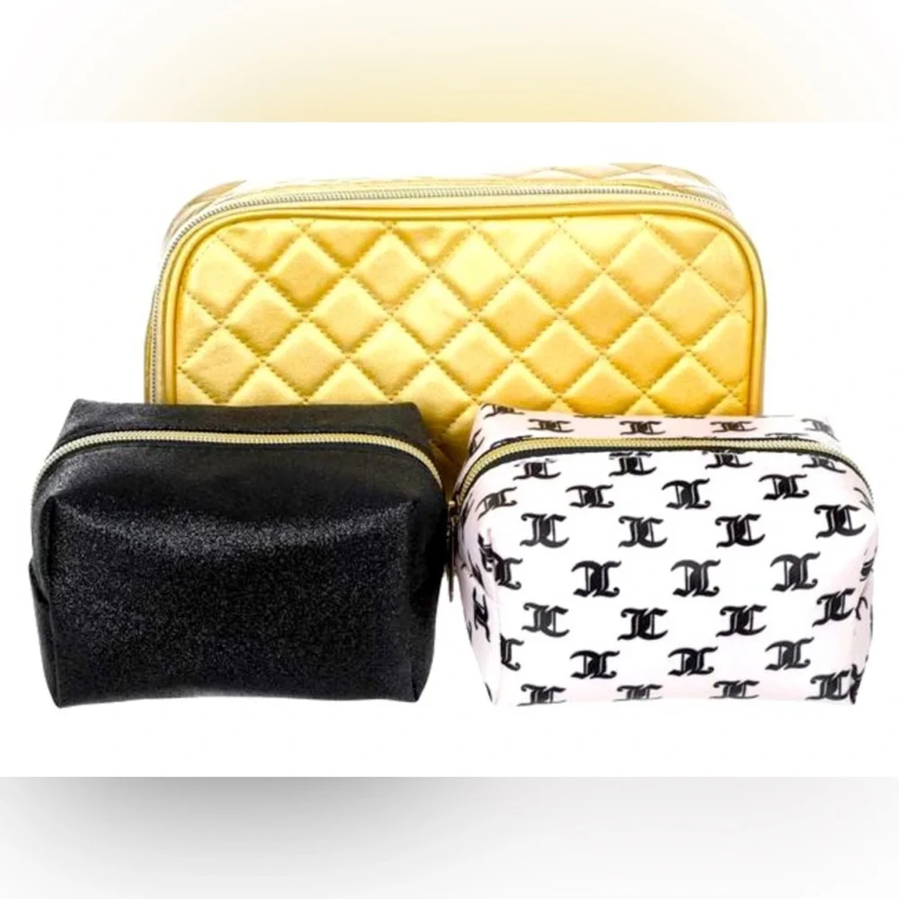 NWT Juicy Couture Gold & Black Cosmetic Bag Set PLUS Travel Toiletry Bottle NEW
